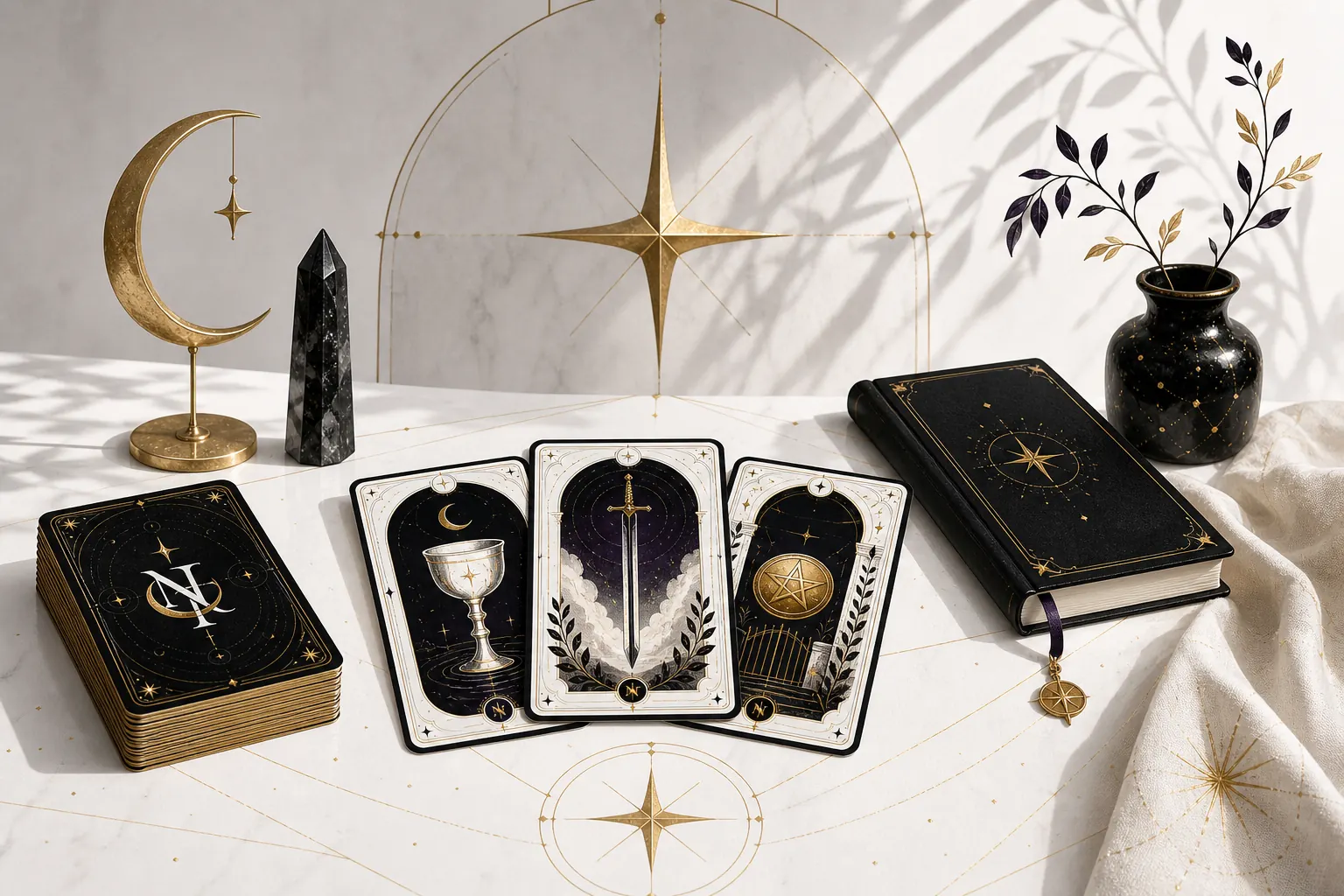 Bright table with Nox Tarot cards, golden crescent moon, star and symbolic reading objects