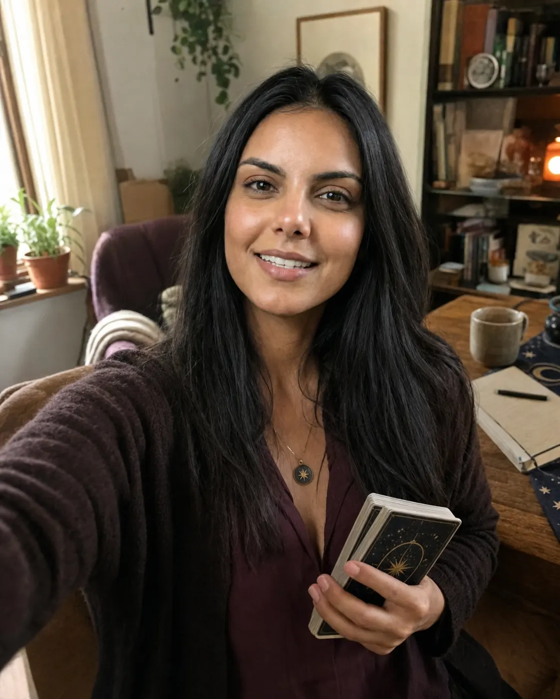 Helena Luz em seu espaço de atendimento segurando um baralho de tarot