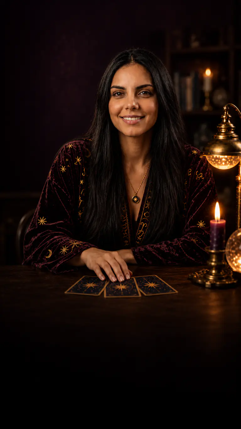Helena Luz sorri à mesa, com três cartas de tarot sob a mão